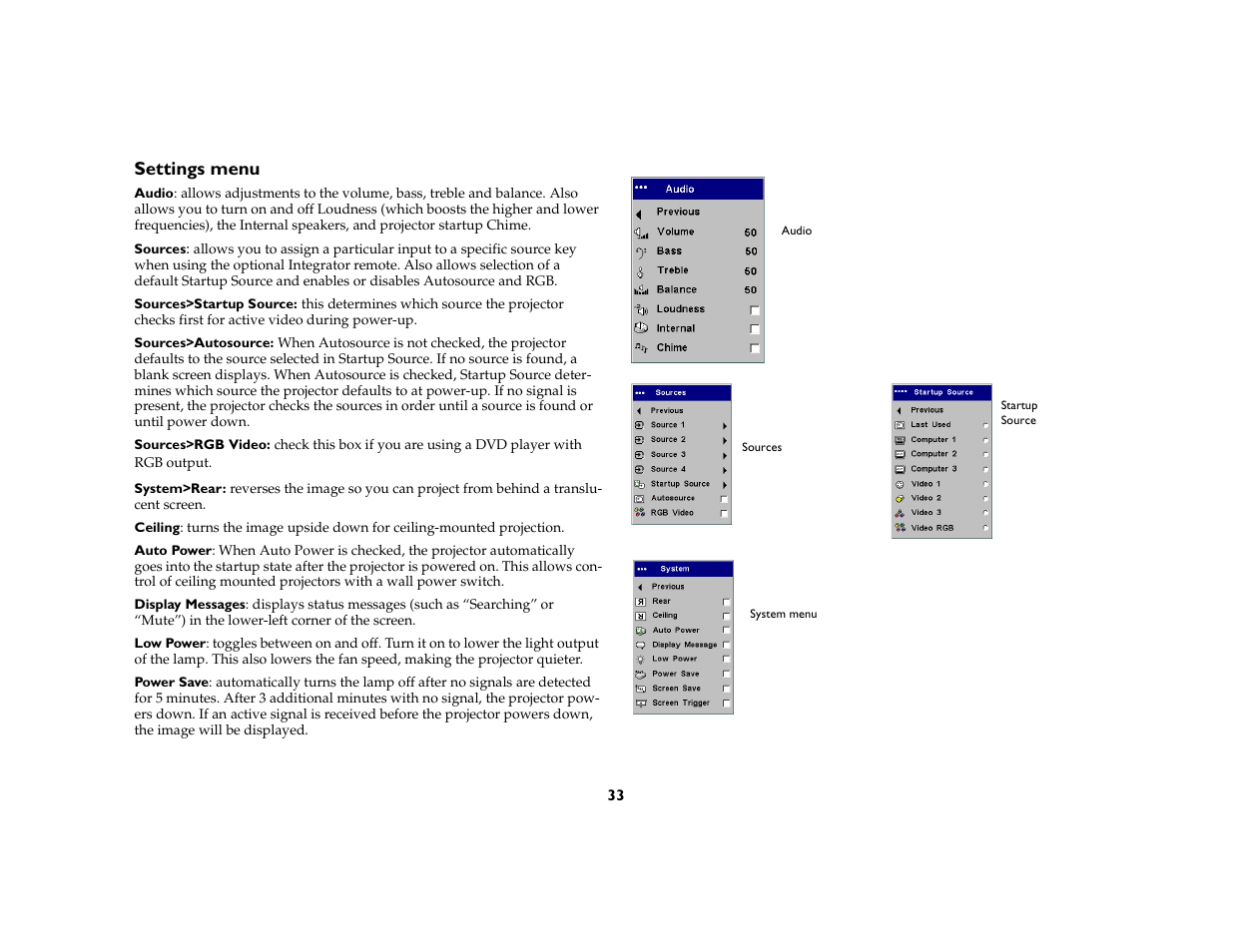 Settings menu | Proxima ASA DP8200x User Manual | Page 35 / 52