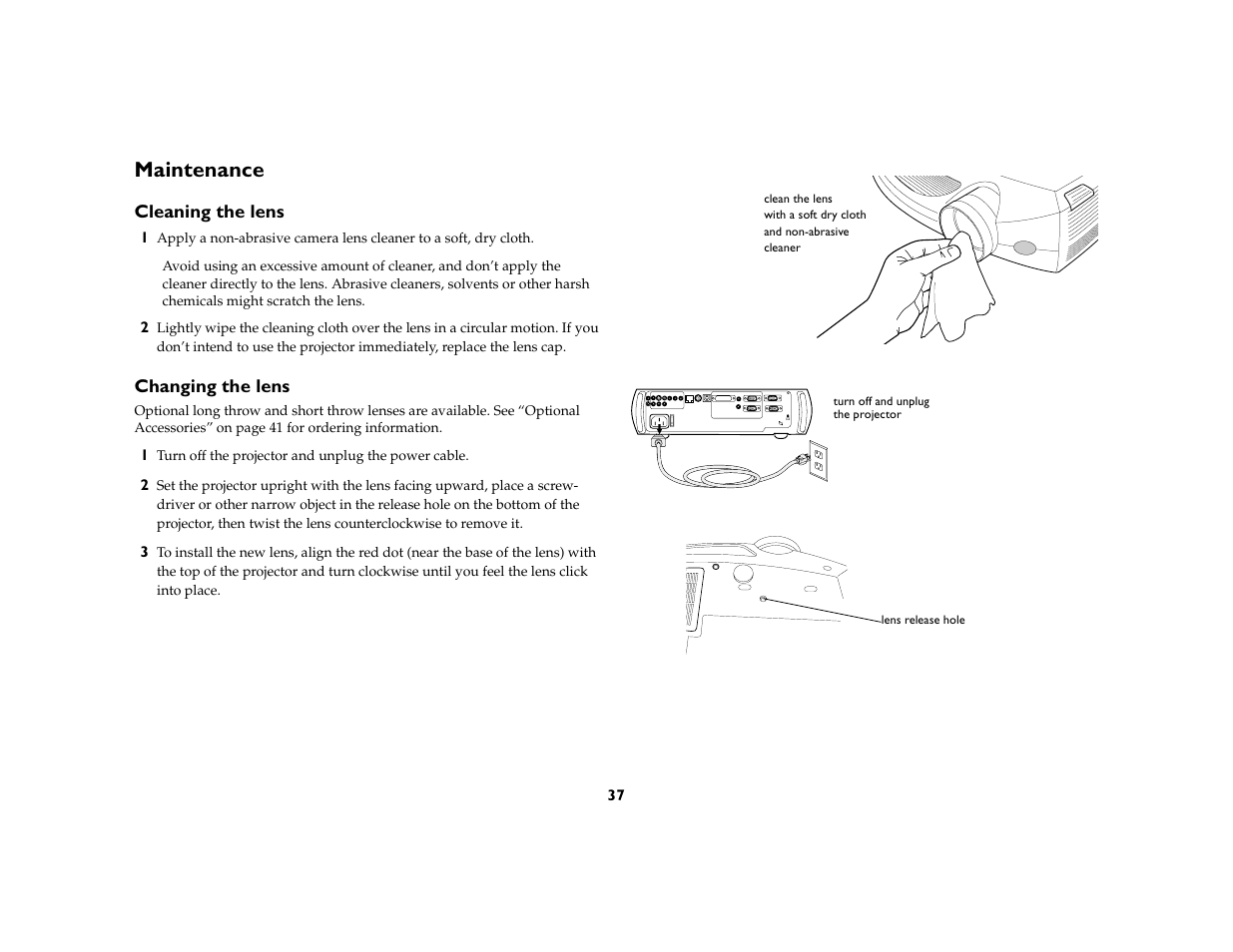 Maintenance, Cleaning the lens, Changing the lens | Maintenance 37 | Proxima ASA DP8200x User Manual | Page 39 / 52