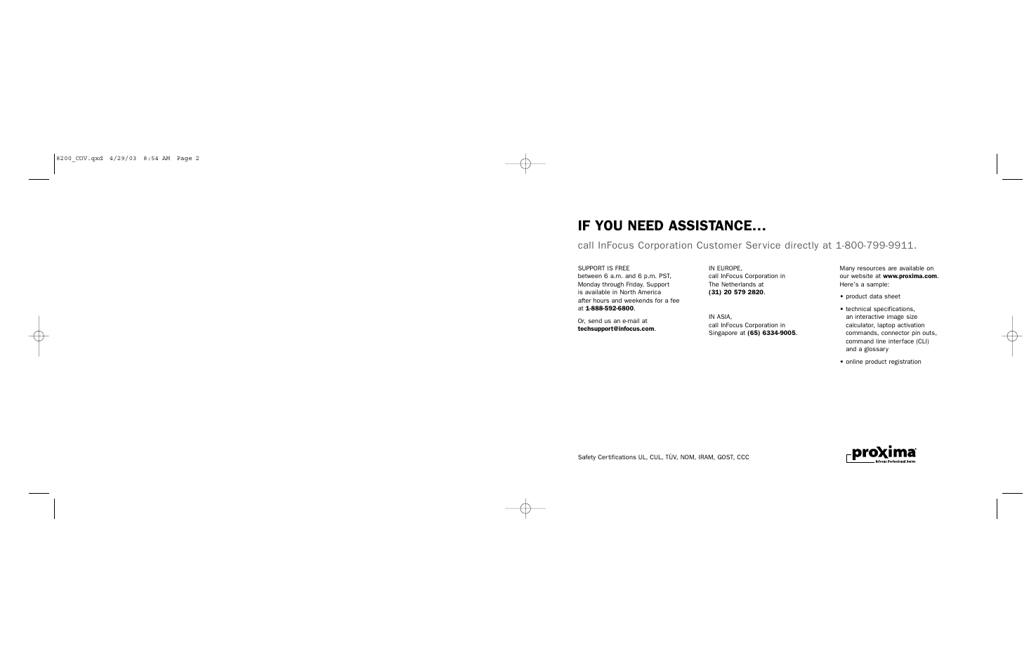 If you need assistance | Proxima ASA DP8200x User Manual | Page 51 / 52