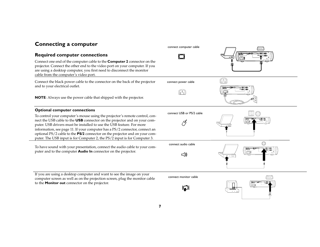 Connecting a computer, Required computer connections | Proxima ASA DP8200x User Manual | Page 9 / 52