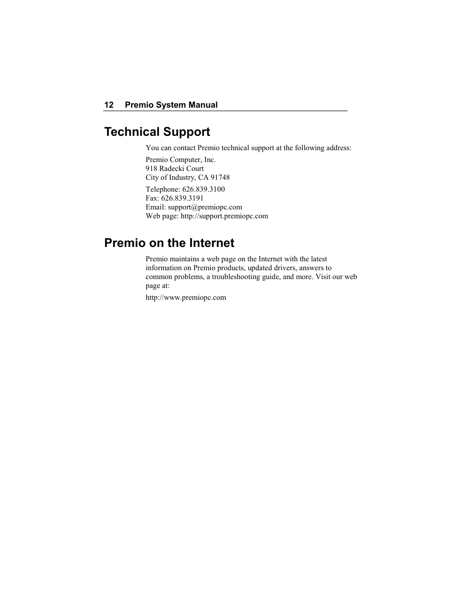 Technical support, Premio on the internet | Premio Computer Premio Apollo/Shadowhawk Computer User Manual | Page 17 / 122