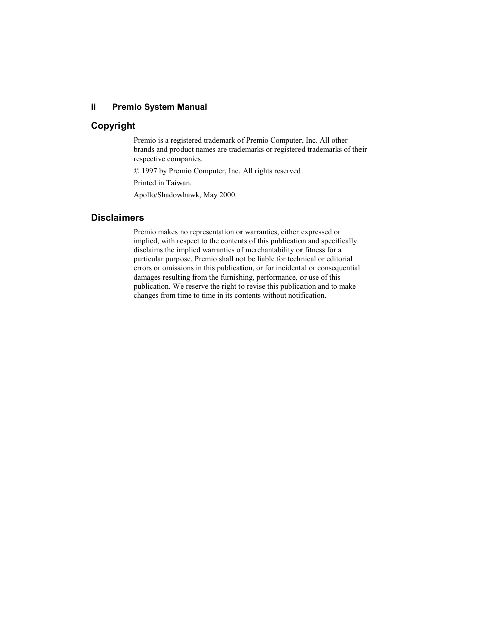 Copyright, Disclaimers | Premio Computer Premio Apollo/Shadowhawk Computer User Manual | Page 3 / 122
