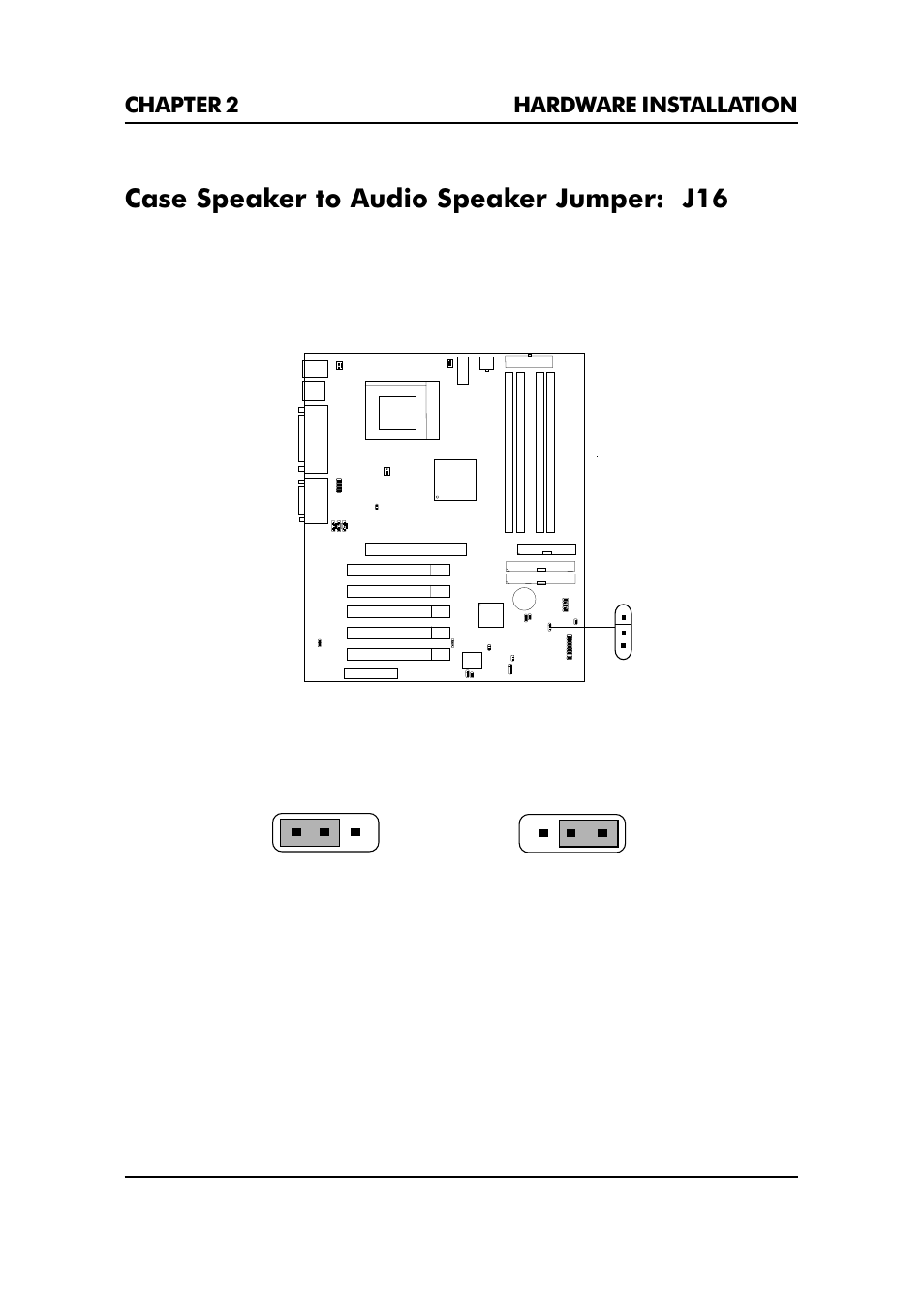 Case speaker to audio speaker jumper: j16, Chapter 2 hardware installation 2-33 | Premio Computer Premio Apollo/Shadowhawk Computer User Manual | Page 59 / 122