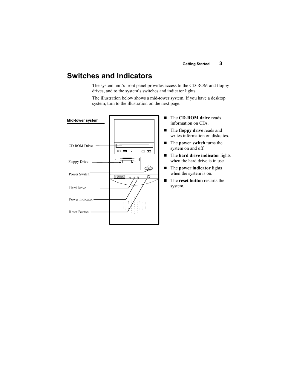 Switches and indicators | Premio Computer Premio Apollo/Shadowhawk Computer User Manual | Page 8 / 122