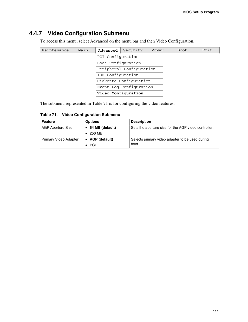 7 video configuration submenu | Premio Computer Apollo/Shadowhawk User Manual | Page 134 / 153