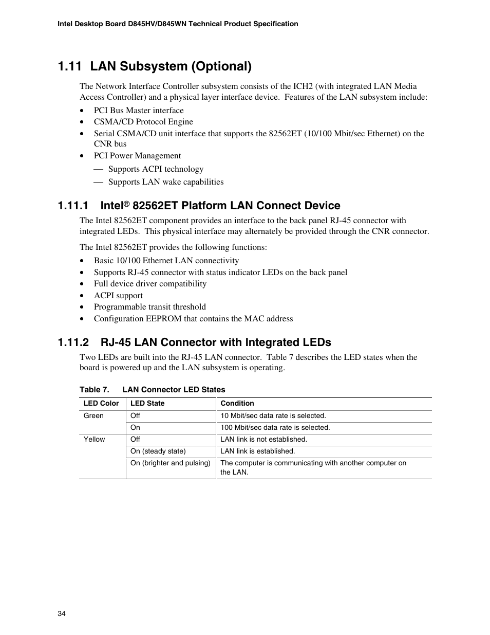 11 lan subsystem (optional), 1 intel® 82562et platform lan connect device, 2 rj-45 lan connector with integrated leds | 1 intel | Premio Computer Apollo/Shadowhawk User Manual | Page 57 / 153