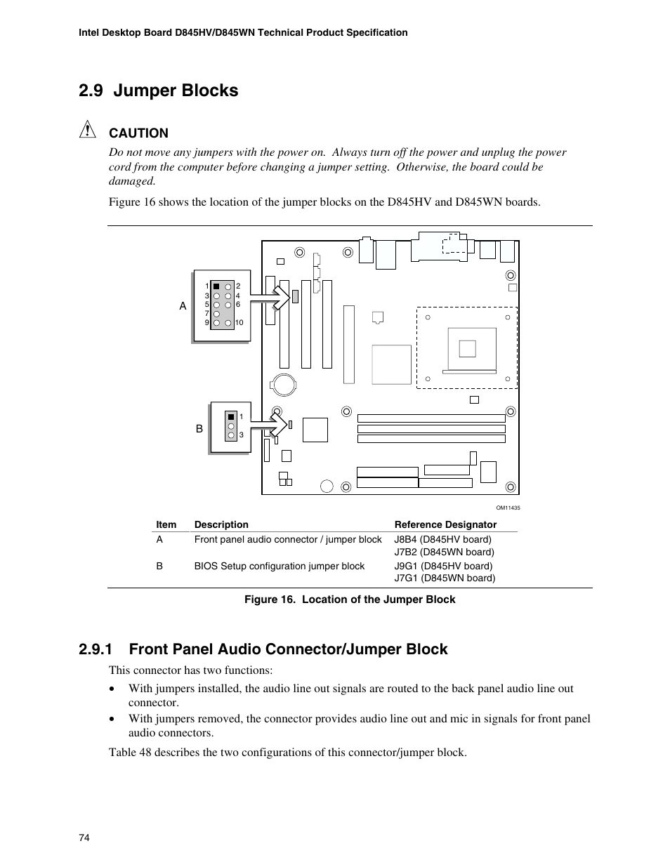 9 jumper blocks, 1 front panel audio connector/jumper block, Caution | Premio Computer Apollo/Shadowhawk User Manual | Page 97 / 153