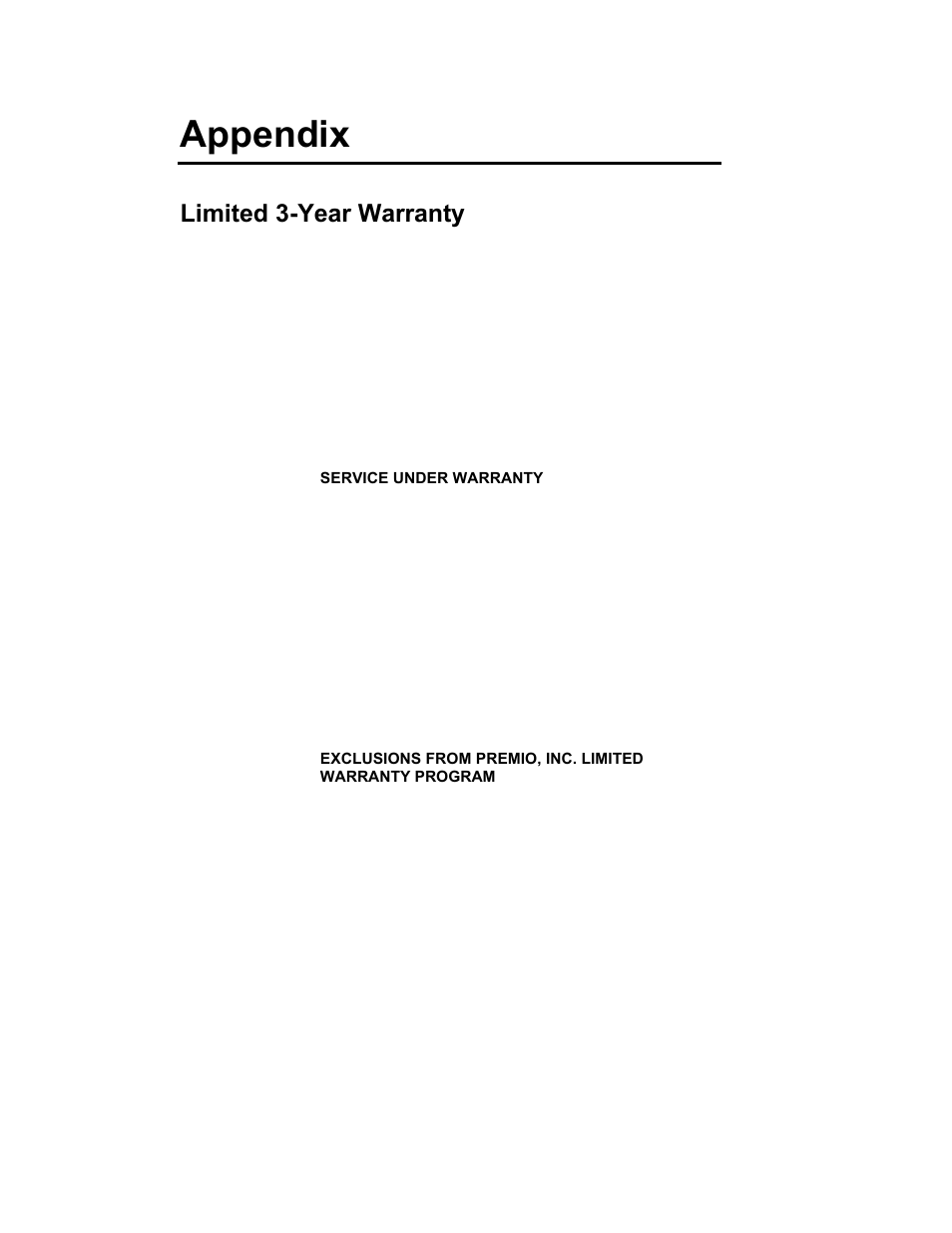Appendix, Limited 3-year warranty | Premio Computer Premio Computer User Manual | Page 22 / 116