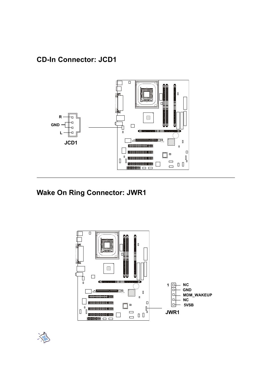 Cd-in connector: jcd1, Wake on ring connector: jwr1, Hardware setup 2-19 | Jcd1 connector is for cd-rom audio connector | Premio Computer Premio Computer User Manual | Page 65 / 116