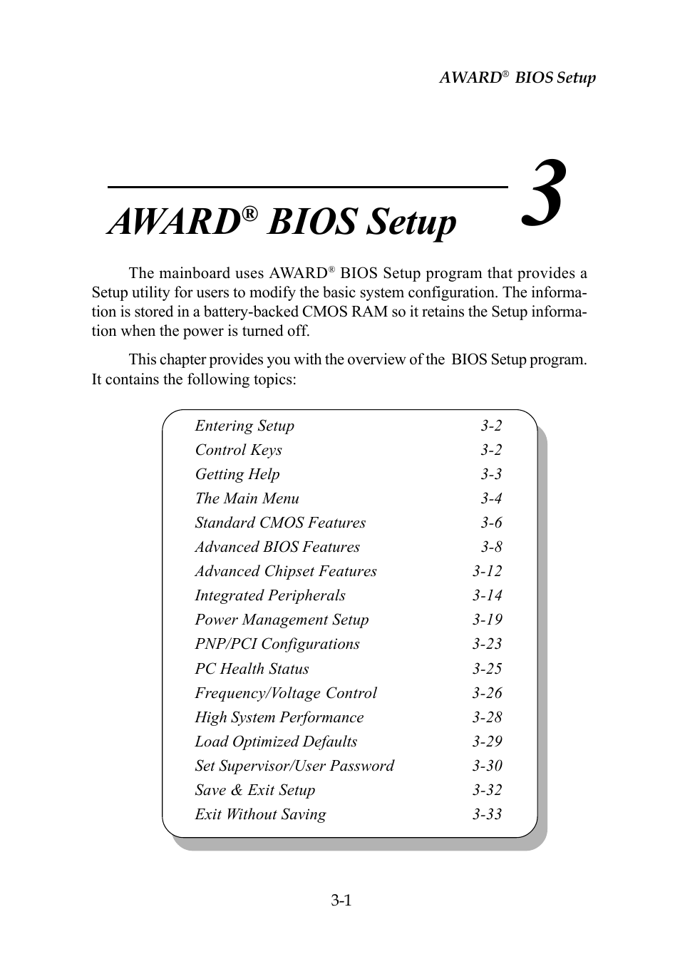 Award, Chapter 3. award, Bios setup | Premio Computer Premio Computer User Manual | Page 77 / 116