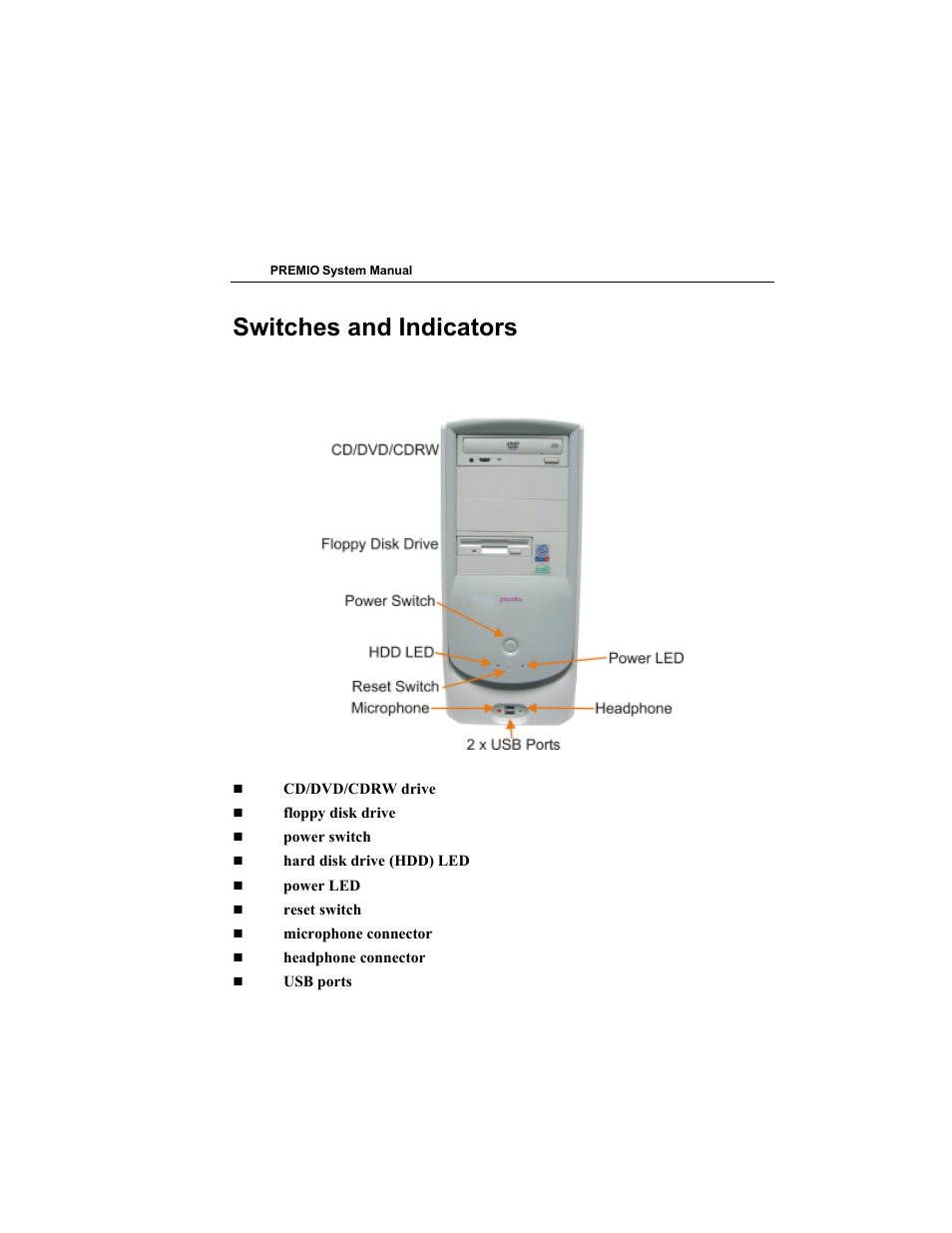 Switches and indicators | Premio Computer Premio Computer User Manual | Page 9 / 116