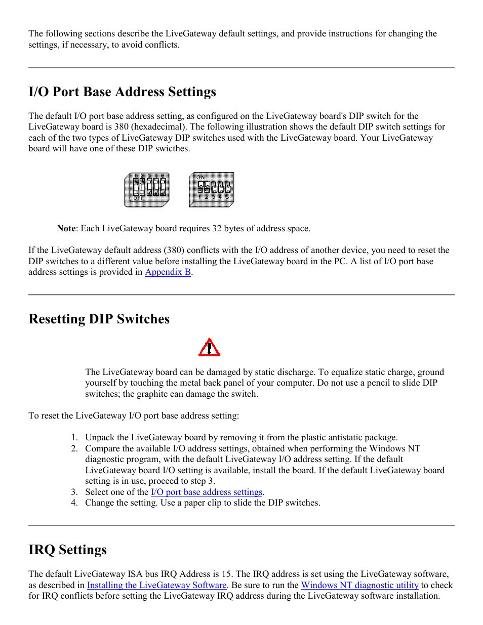 I/o port base address settings, Resetting dip switches, Irq settings | PictureTel LIVE GATEWAY 3.1 User Manual | Page 10 / 109