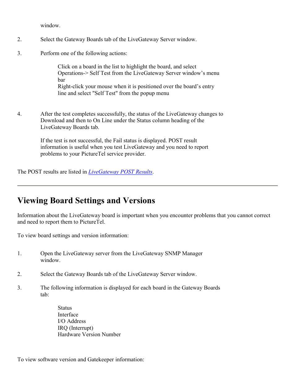 View board settings and versions, Viewing board settings and versions | PictureTel LIVE GATEWAY 3.1 User Manual | Page 100 / 109