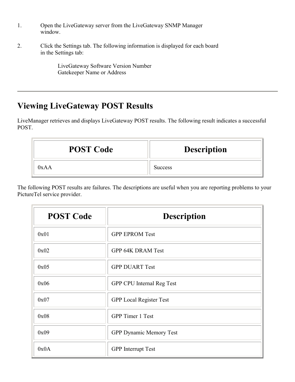 Mented in the, Livegateway post, Results | View livegateway post results, Viewing livegateway post results, Post code, Description | PictureTel LIVE GATEWAY 3.1 User Manual | Page 101 / 109