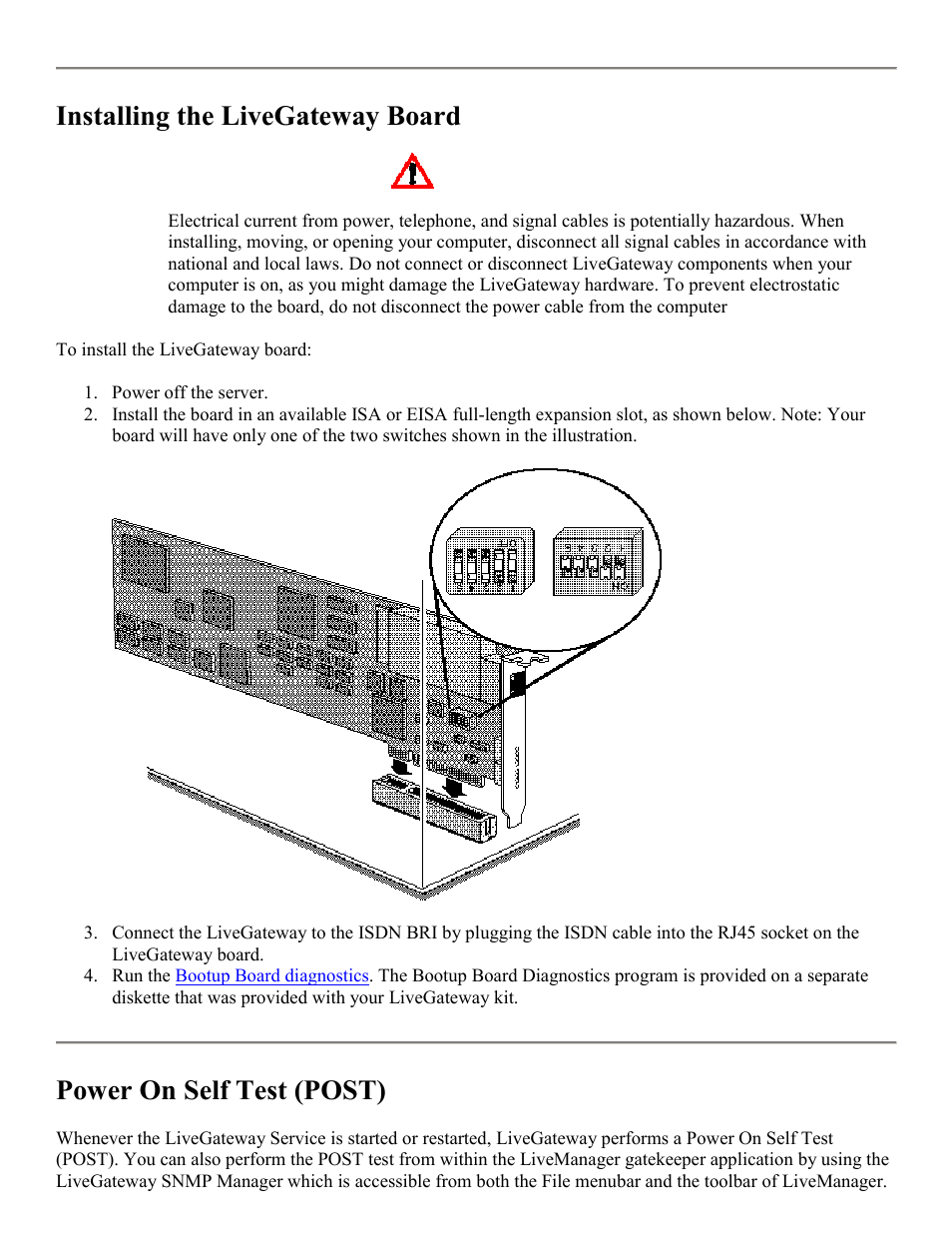 Installing the livegateway board, Power on self test (post) | PictureTel LIVE GATEWAY 3.1 User Manual | Page 11 / 109
