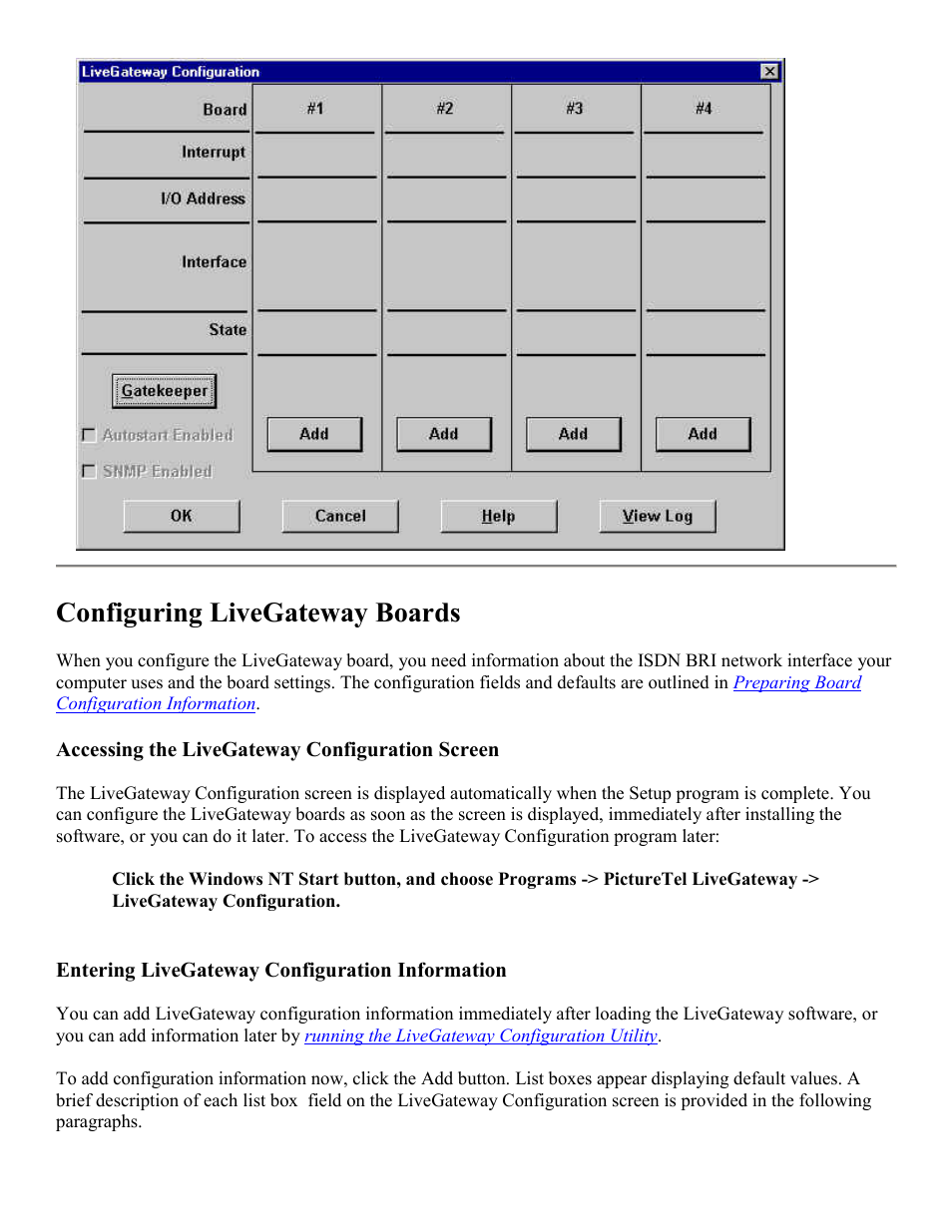 Configuring the livegateway boards, Entering livegateway configuration information, Configuring livegateway boards | PictureTel LIVE GATEWAY 3.1 User Manual | Page 19 / 109