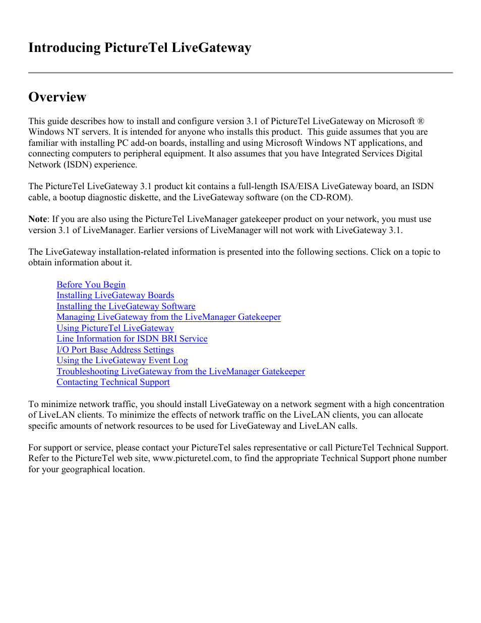 Introducing picturetel livegateway, Overview | PictureTel LIVE GATEWAY 3.1 User Manual | Page 2 / 109
