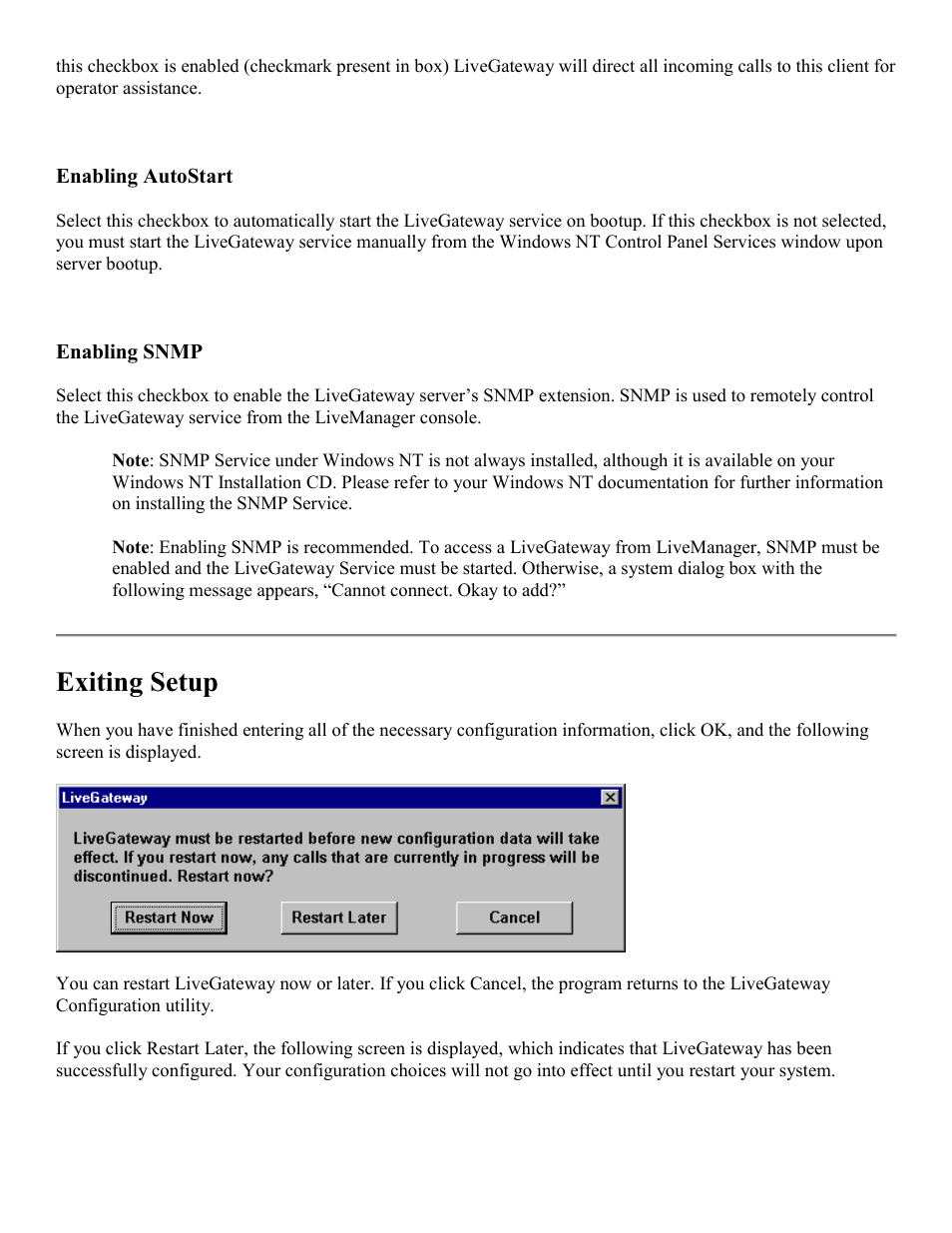 Enable access to snmp (if you have it), Exiting setup | PictureTel LIVE GATEWAY 3.1 User Manual | Page 25 / 109