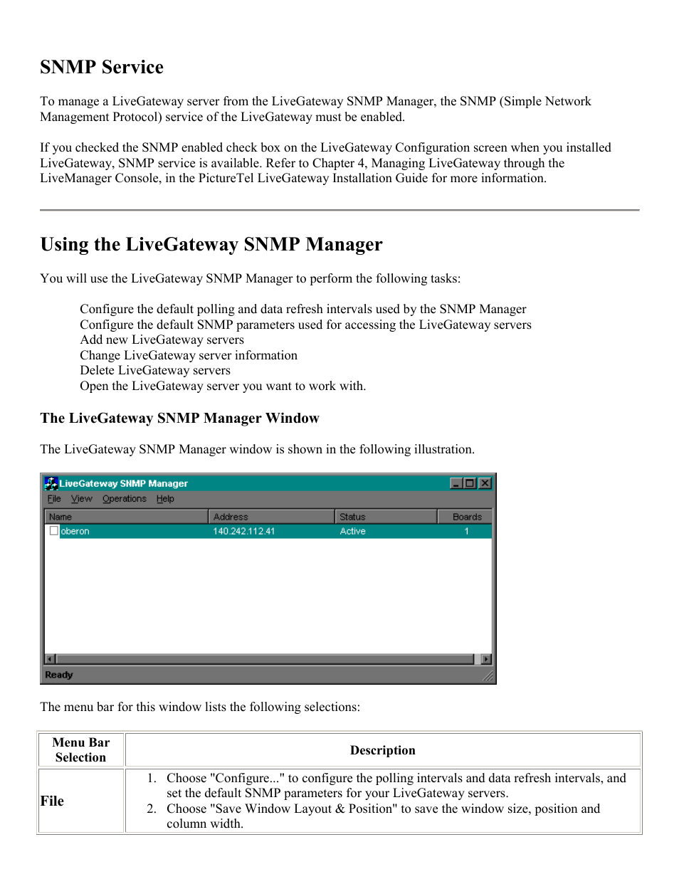 Snmp service, Using the livegateway snmp manager | PictureTel LIVE GATEWAY 3.1 User Manual | Page 30 / 109