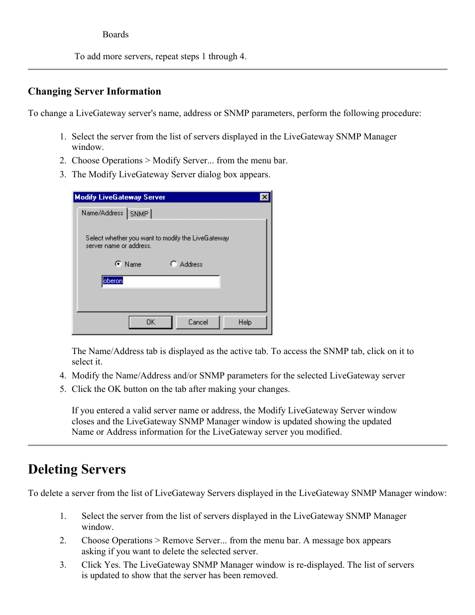 Changing server information, Deleting servers | PictureTel LIVE GATEWAY 3.1 User Manual | Page 35 / 109