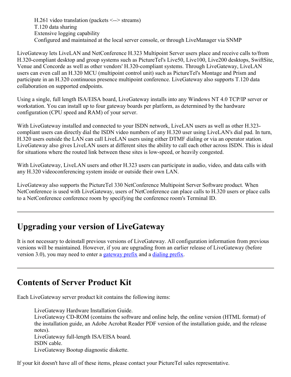 Upgrading your version of livegateway, Contents of server product kit | PictureTel LIVE GATEWAY 3.1 User Manual | Page 4 / 109