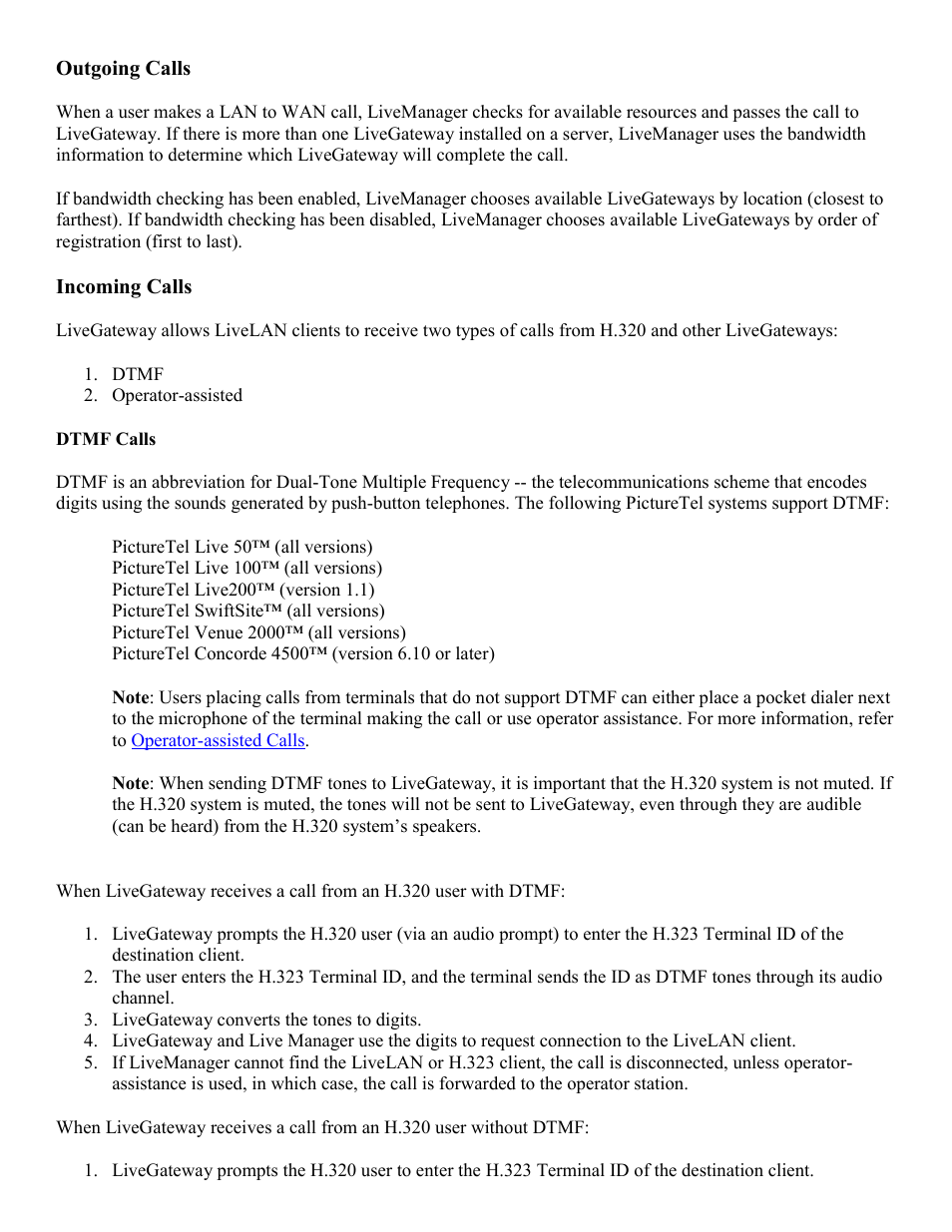 Outgoing calls, Incoming calls, Dtmf calls | PictureTel LIVE GATEWAY 3.1 User Manual | Page 48 / 109