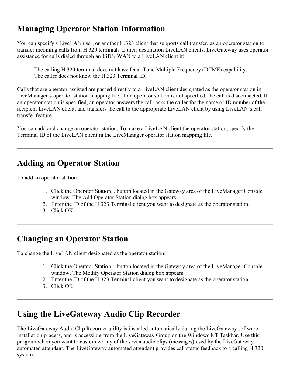 Managing operation station information, Adding an operator station, Changing an operator station | Using the livegateway audio clip recorder, Managing operator station information | PictureTel LIVE GATEWAY 3.1 User Manual | Page 51 / 109