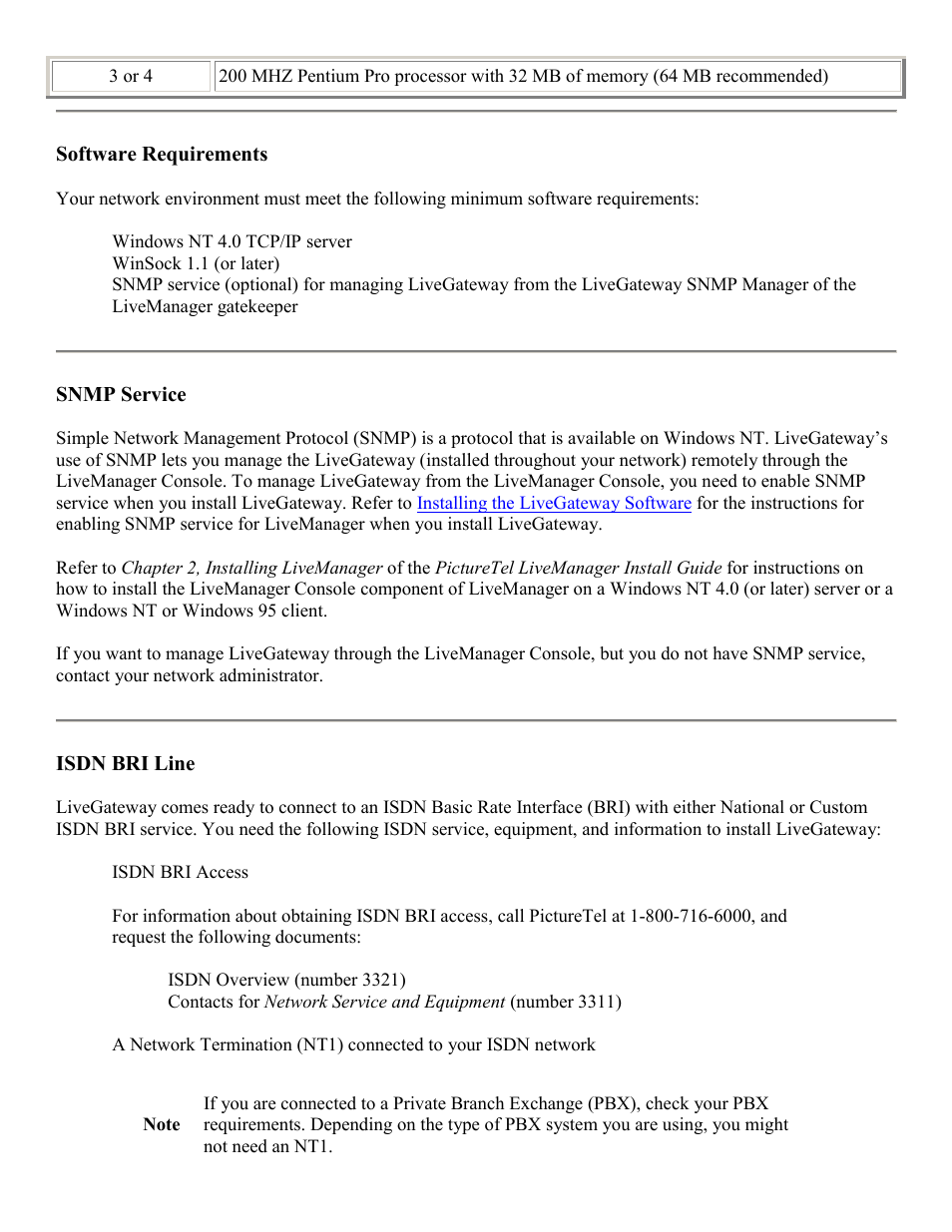 Software requirements, Snmp service, Isdn bri line | PictureTel LIVE GATEWAY 3.1 User Manual | Page 6 / 109