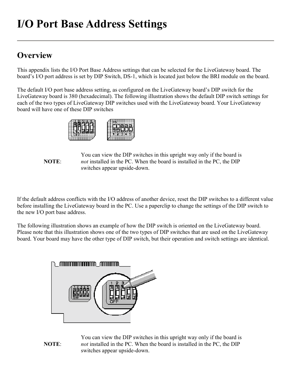 I/o port base address settings, D in, Appendix b | Select one of the, Overview | PictureTel LIVE GATEWAY 3.1 User Manual | Page 68 / 109