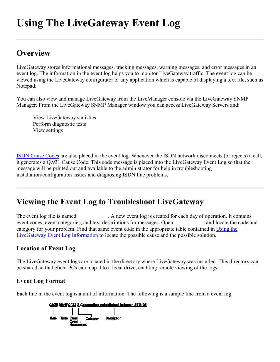 Using the livegateway event log, Livegateway event log file, Overview | Viewing the event log to troubleshoot livegateway | PictureTel LIVE GATEWAY 3.1 User Manual | Page 72 / 109