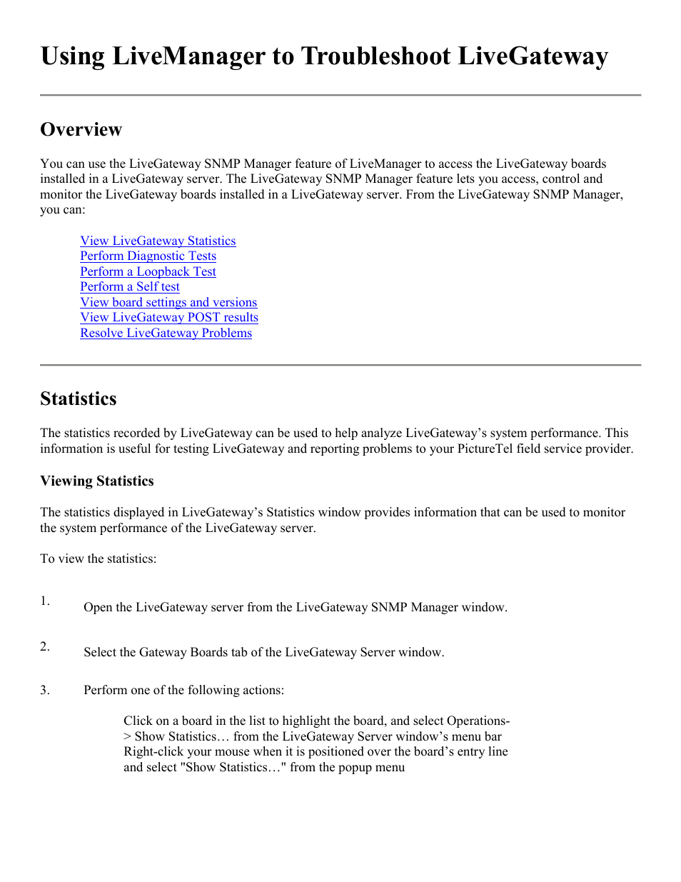 Using livemanager to troubleshoot livegateway, Overview, Statistics | PictureTel LIVE GATEWAY 3.1 User Manual | Page 97 / 109