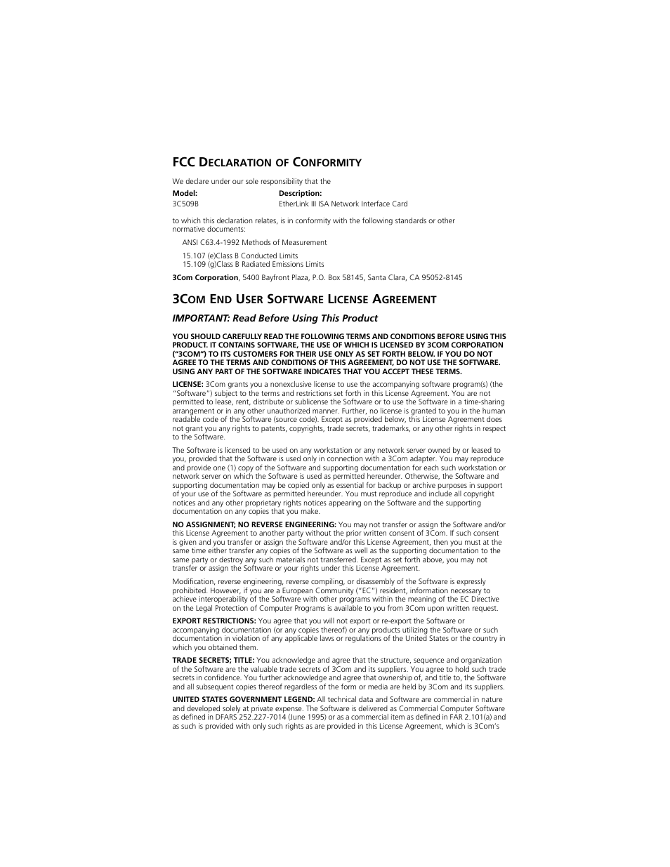 Fcc declaration of conformity, 3com end user software license agreement, Fcc d | Eclaration, Onformity | PictureTel III ISA User Manual | Page 103 / 110