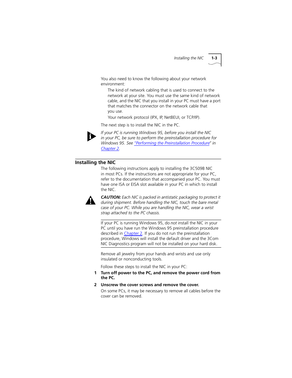 Installing the nic, Installing the nic 1-3 | PictureTel III ISA User Manual | Page 17 / 110