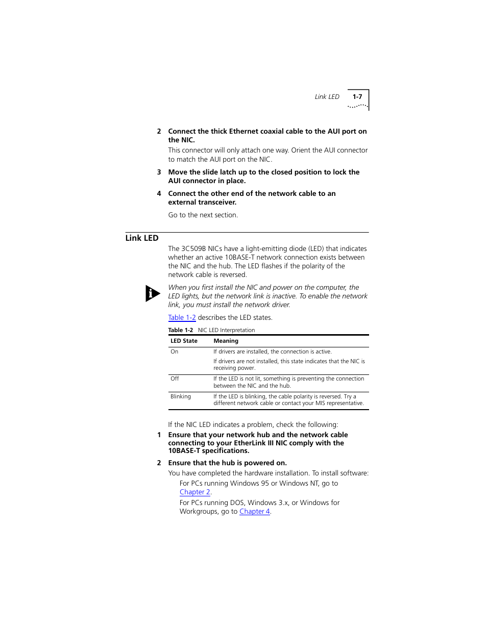 Link led, Link led 1-7, Link, you must load the network drivers. see | In this, Later in this chapter | PictureTel III ISA User Manual | Page 21 / 110