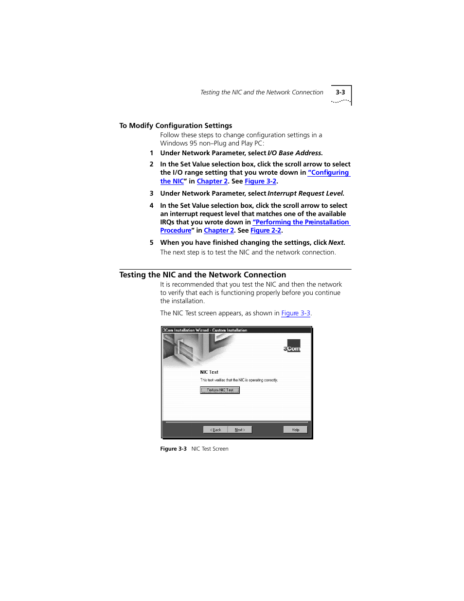 To modify configuration settings, Testing the nic and the network connection, To modify configuration settings 3-3 | Testing the nic and the network connection 3-3, Go to | PictureTel III ISA User Manual | Page 37 / 110