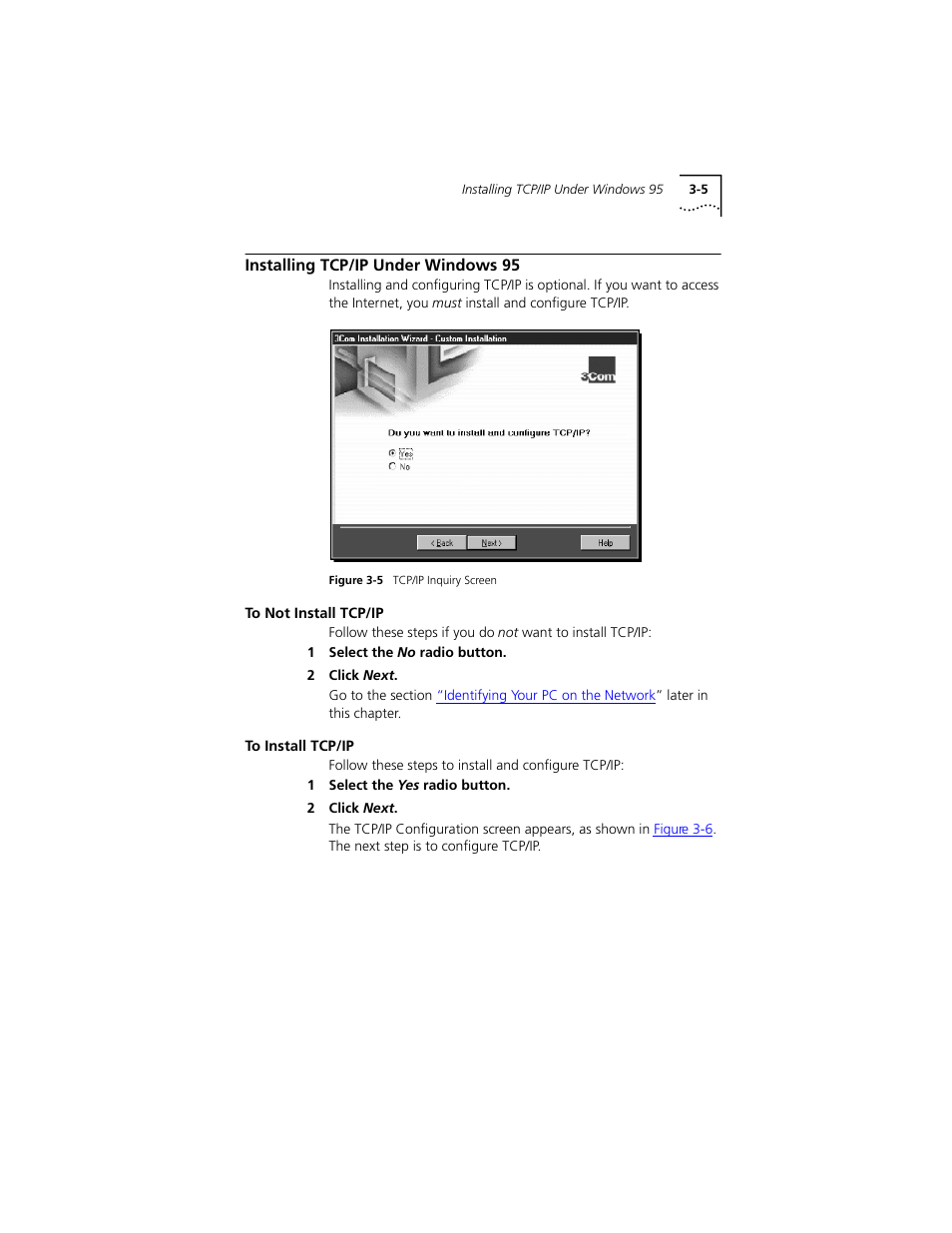 Installing tcp/ip under windows 95, To not install tcp/ip, To install tcp/ip | Installing tcp/ip under windows 95 3-5, To not install tcp/ip 3-5, To install tcp/ip 3-5, Shown in, Figure 3-5 | PictureTel III ISA User Manual | Page 39 / 110