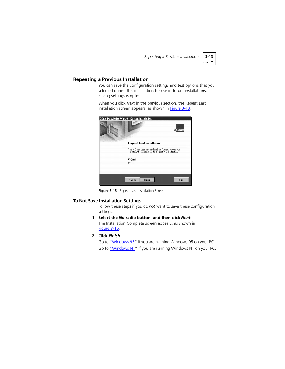 Repeating a previous installation, To not save installation settings, Repeating a previous installation 3-13 | To not save installation settings 3-13, Go to | PictureTel III ISA User Manual | Page 47 / 110