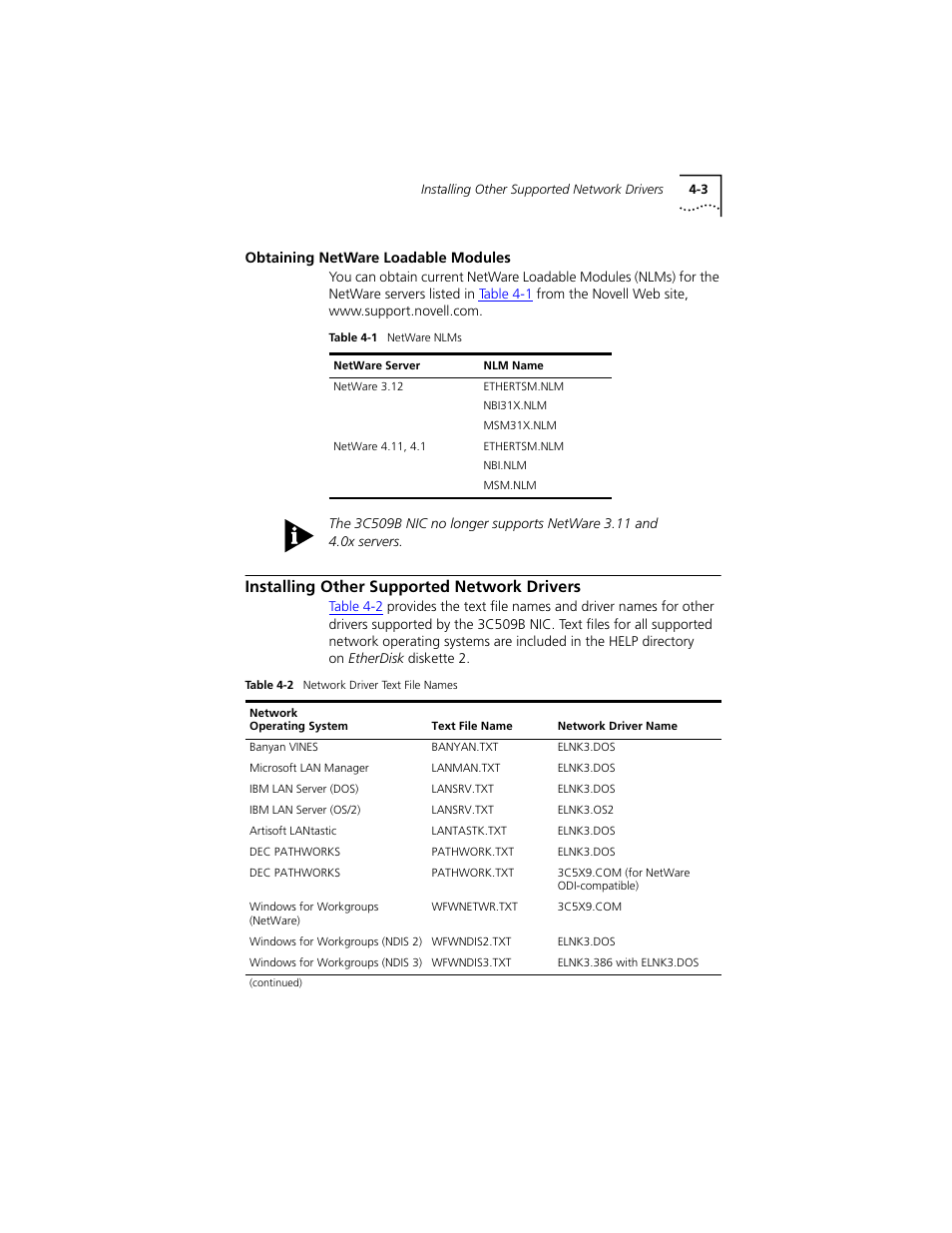 Obtaining netware loadable modules, Installing other supported network drivers, Obtaining netware loadable modules 4-3 | Installing other supported network drivers 4-3 | PictureTel III ISA User Manual | Page 57 / 110