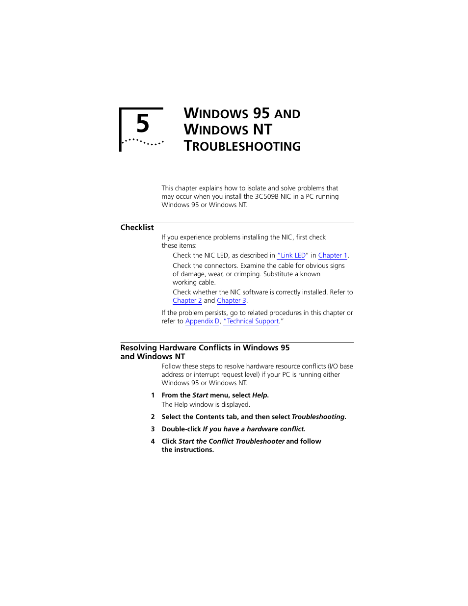 Windows 95 and windows nt troubleshooting, Checklist, Resolving hardware conflicts in windows95 andwin | Indows, Roubleshooting, Checklist 5-1, Rj-45 connector pin assignments a-2, Aui connector pin assignments a-2, Chapter 5, For mor | PictureTel III ISA User Manual | Page 65 / 110
