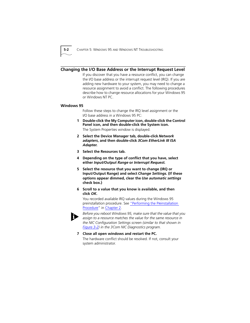 Changing the i/o base address or the interrupt req, Windows 95, Windows 95 5-2 | PictureTel III ISA User Manual | Page 66 / 110