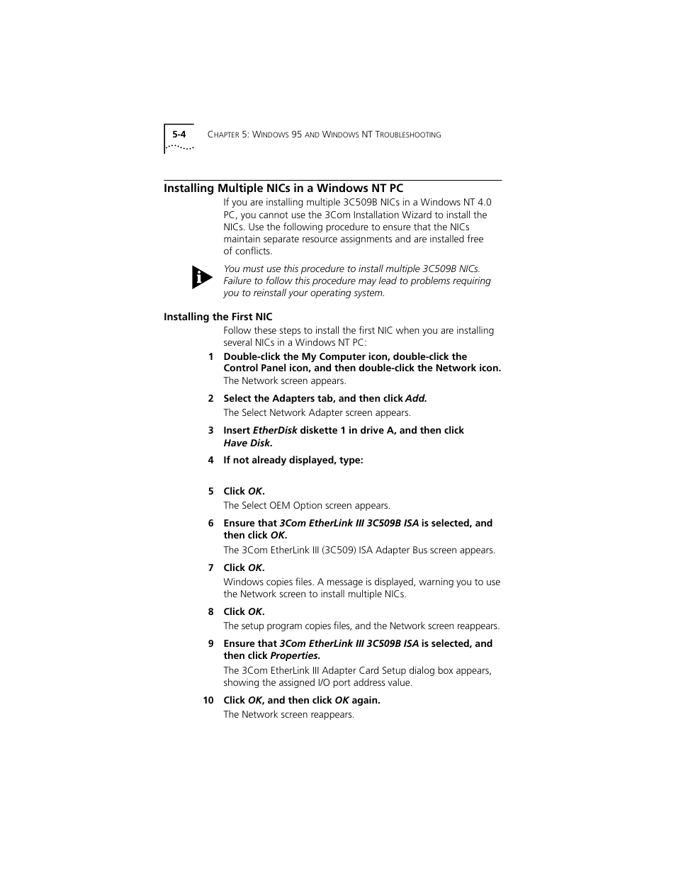 Installing multiple nics in a windows nt pc, Installing the first nic, Installing multiple nics in a windows nt pc 5-4 | Installing the first nic 5-4, Installing multiple, Nics in a windows nt pc | PictureTel III ISA User Manual | Page 68 / 110