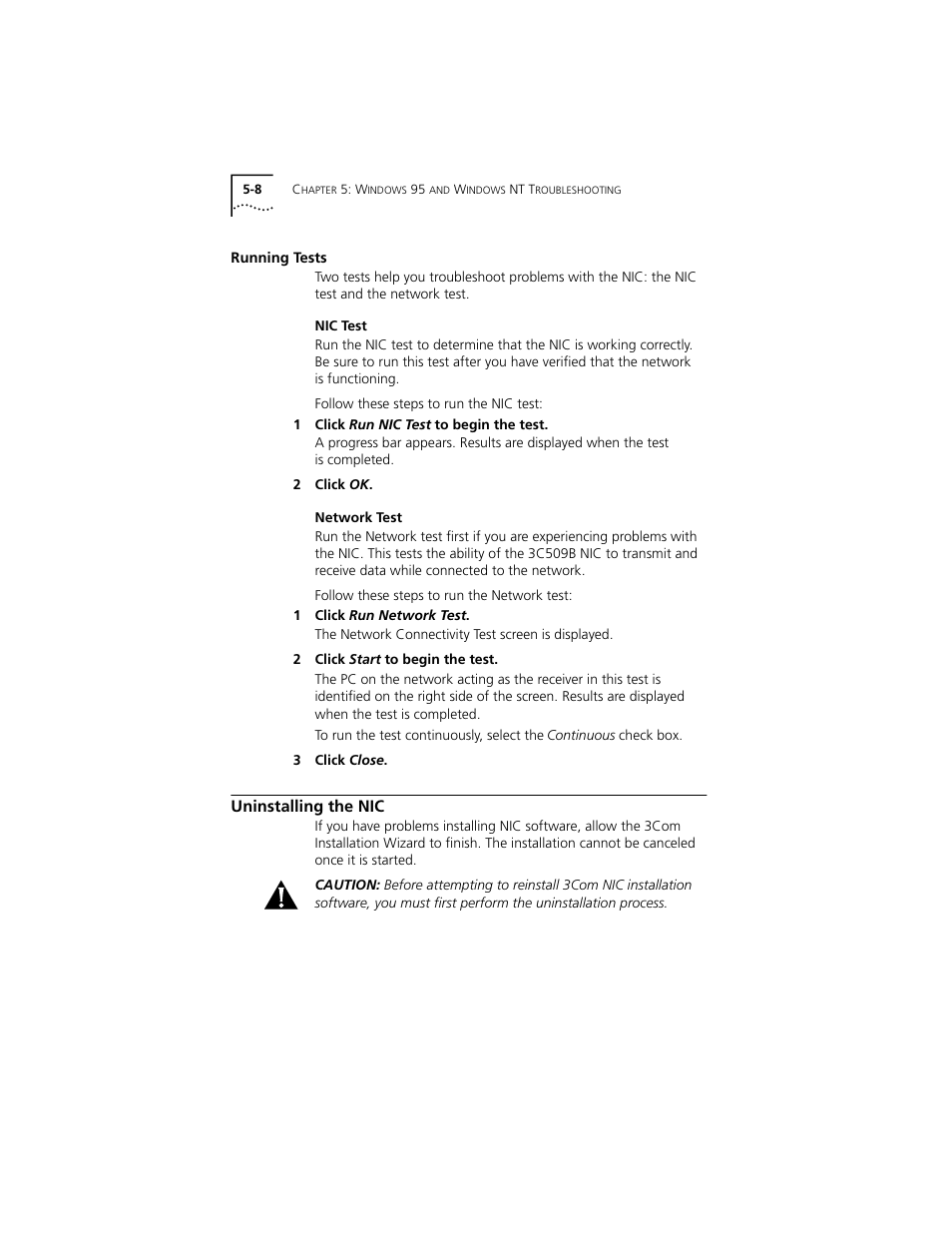 Running tests, Nic test, Network test | Uninstalling the nic, Running tests 5-8, Nic test 5-8, Network test 5-8, Uninstalling the nic 5-8 | PictureTel III ISA User Manual | Page 72 / 110