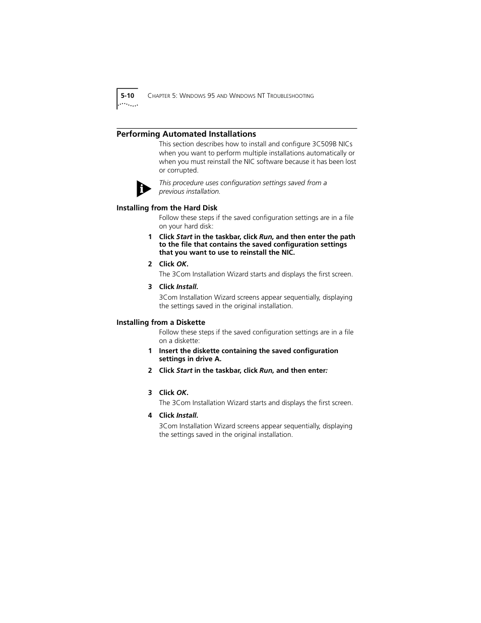 Performing automated installations, Installing from the hard disk, Installing from a diskette | Performing automated installations 5-10, Installing from the hard disk 5-10, Installing from a diskette 5-10 | PictureTel III ISA User Manual | Page 74 / 110