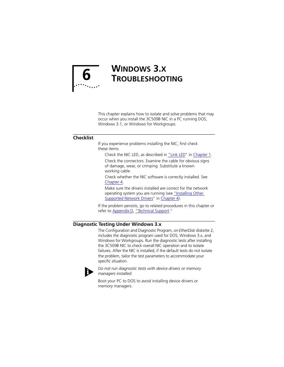 Windows 3.x troubleshooting, Checklist, Diagnostic testing under windows 3.x | Indows, Roubleshooting, Checklist 6-1, Diagnostic testing under windows 3.x 6-1, Chapter 6 | PictureTel III ISA User Manual | Page 75 / 110