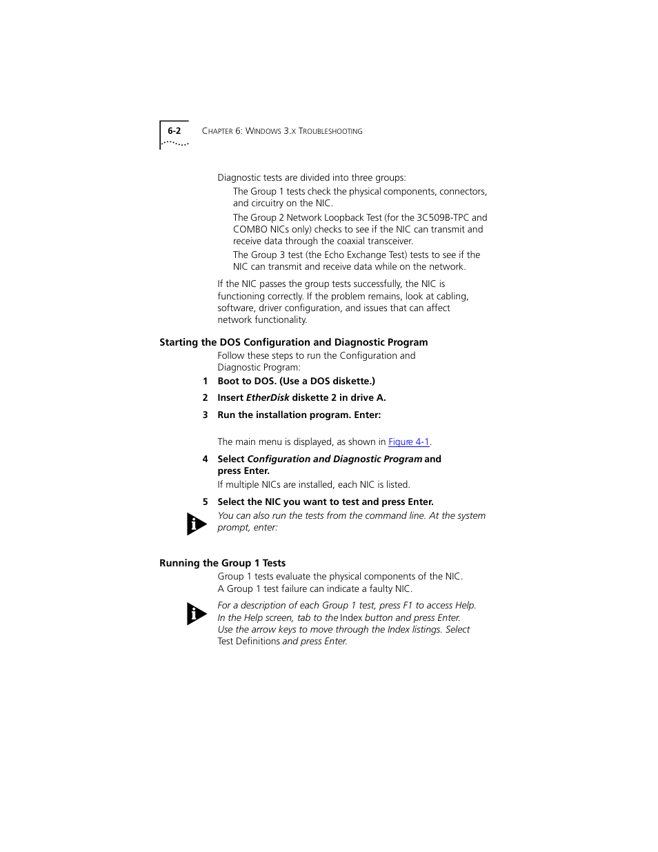 Starting the dos configuration and diagnostic prog, Running the group 1 tests, Running the group 1 tests 6-2 | PictureTel III ISA User Manual | Page 76 / 110