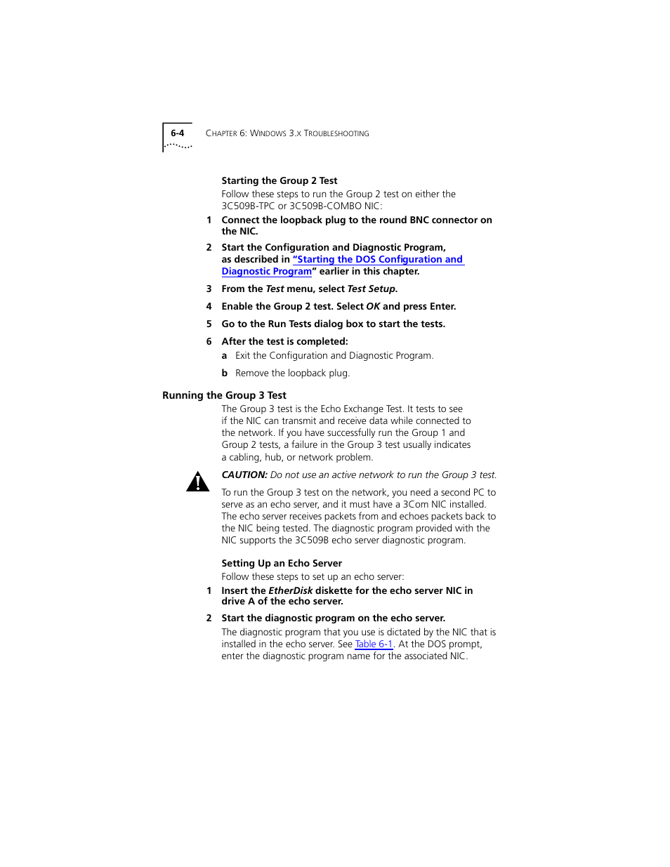 Starting the group 2 test, Running the group 3 test, Setting up an echo server | Starting the group 2 test 6-4, Running the group 3 test 6-4, Setting up an echo server 6-4 | PictureTel III ISA User Manual | Page 78 / 110