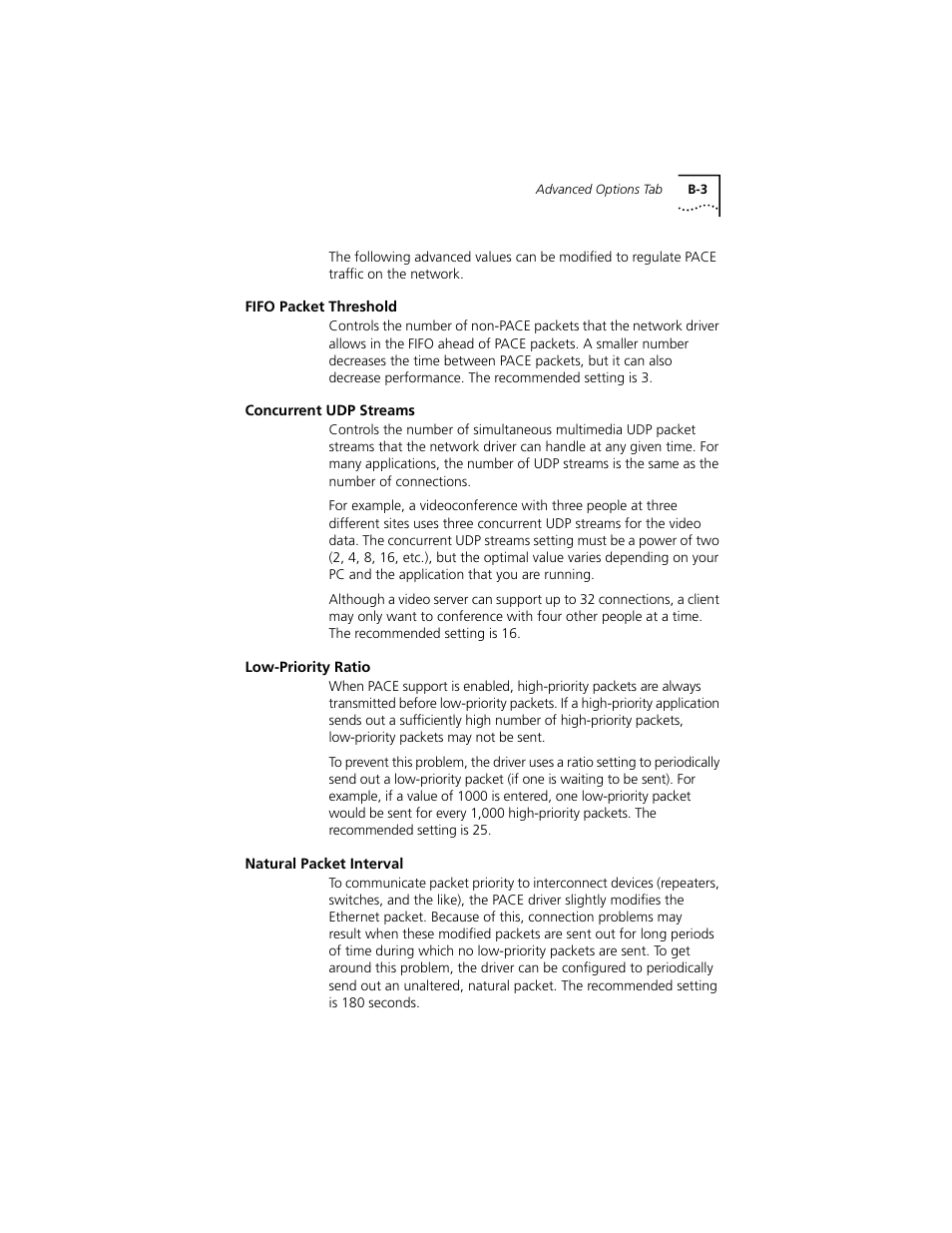 Fifo packet threshold, Concurrent udp streams, Low-priority ratio | Natural packet interval, Fifo packet threshold b-3, Concurrent udp streams b-3, Low-priority ratio b-3, Natural packet interval b-3 | PictureTel III ISA User Manual | Page 87 / 110