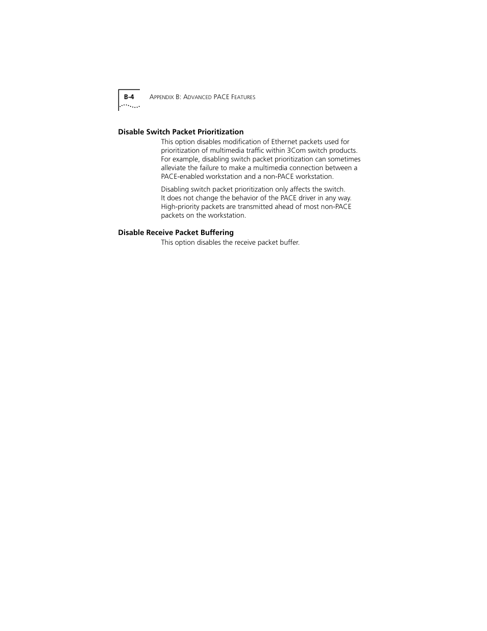 Disable switch packet prioritization, Disable receive packet buffering, Disable switch packet prioritization b-4 | Disable receive packet buffering b-4 | PictureTel III ISA User Manual | Page 88 / 110