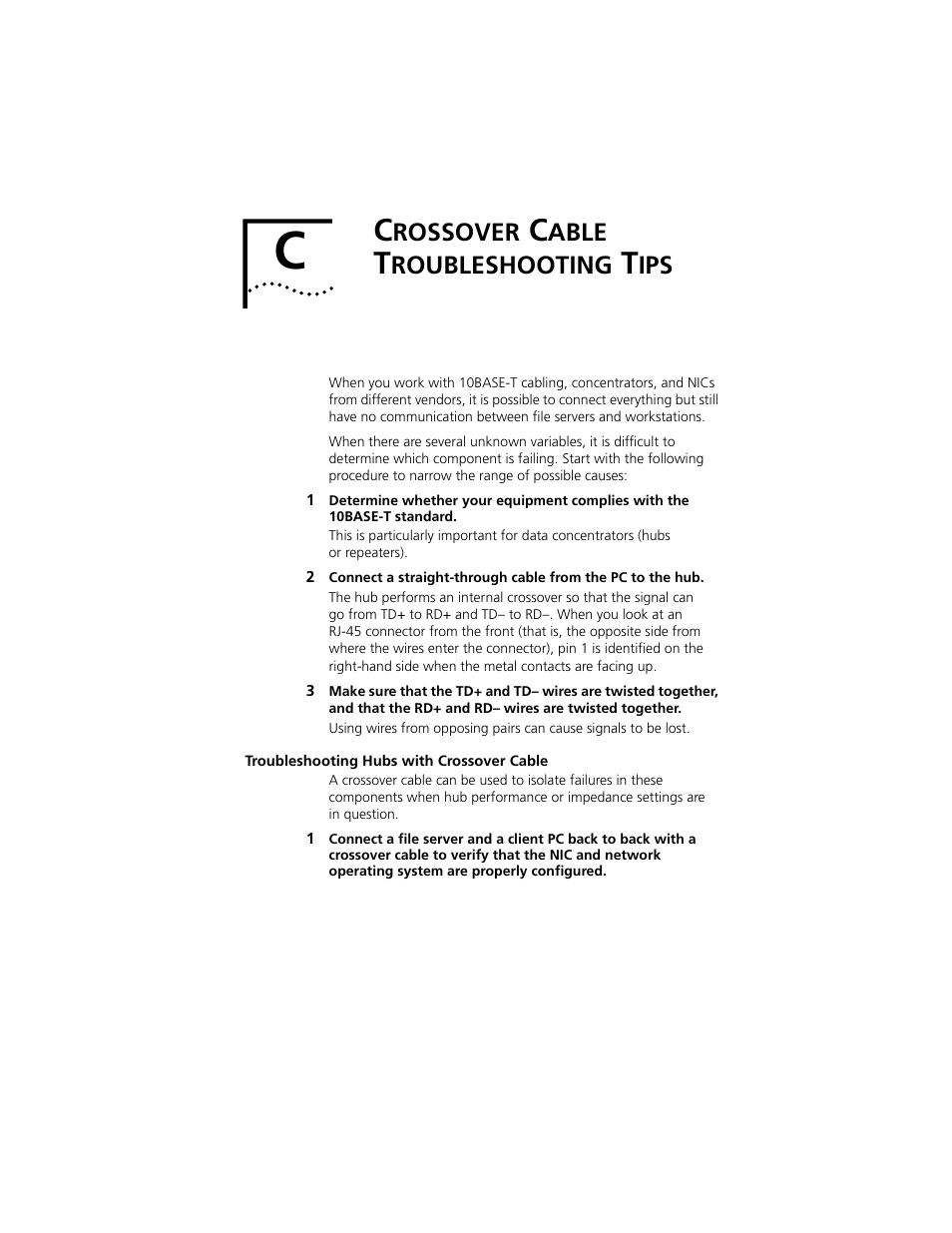 Crossover cable troubleshooting tips, Troubleshooting hubs with crossover cable, Rossover | Able, Roubleshooting, Troubleshooting hubs with crossover cable c-1, Appendix c | PictureTel III ISA User Manual | Page 89 / 110