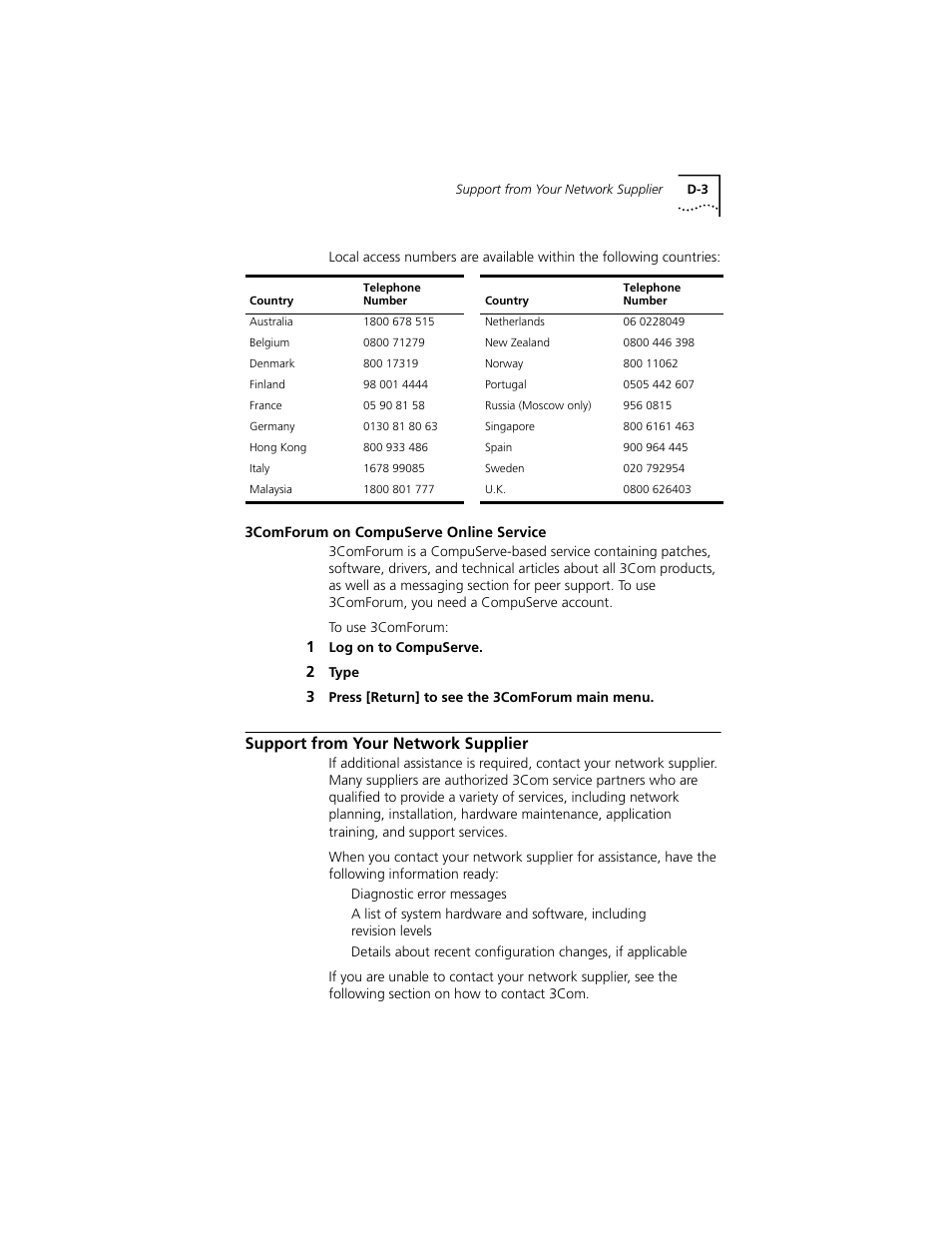 3comforum on compuserve online service, Support from your network supplier, 3comforum on compuserve online service d-3 | Support from your network supplier d-3 | PictureTel III ISA User Manual | Page 93 / 110